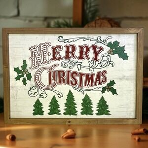 Pier 1 Folk Art Merry Christmas Wood Frame Wall Art Decor Rustic Cottage 12x17.5